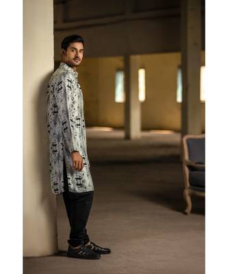 Stone Printed Silk Kurta with Black Cotton Silk Churidar 3