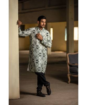 Stone Printed Silk Kurta with Black Cotton Silk Churidar 1