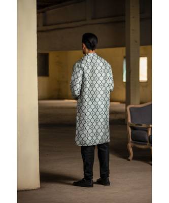 Powder Blue Printed Silk Kurta with Off White Cotton Silk Churidar 2