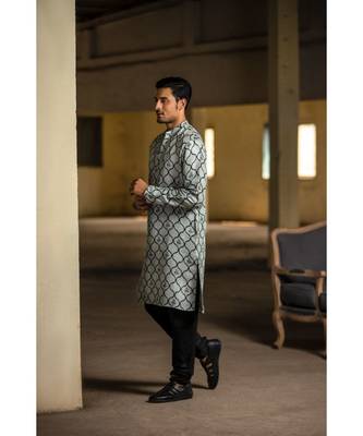 Powder Blue Printed Silk Kurta with Off White Cotton Silk Churidar 3