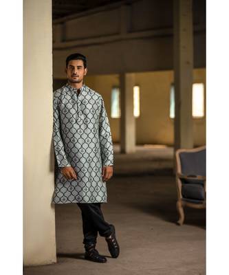Powder Blue Printed Silk Kurta with Off White Cotton Silk Churidar 1
