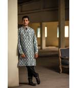 Powder Blue Printed Silk Kurta with Off White Cotton Silk Churidar