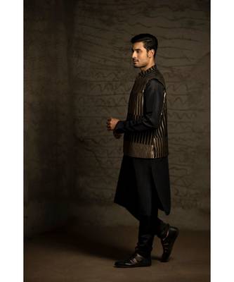 Black Brocade Bandi with Black Silk Kurta and Cotton Silk Churidar 3