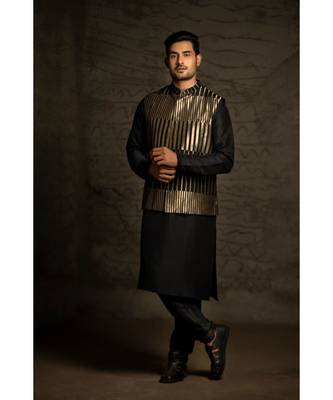 Black Brocade Bandi with Black Silk Kurta and Cotton Silk Churidar 1