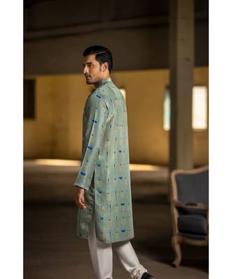 Mint Printed Silk Kurta with Off White Cotton Silk Churidar 2