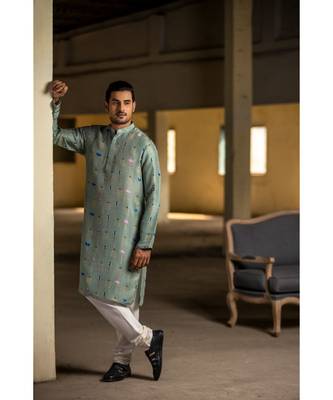 Mint Printed Silk Kurta with Off White Cotton Silk Churidar 1