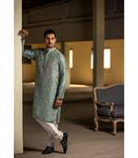 Mint Printed Silk Kurta with Off White Cotton Silk Churidar