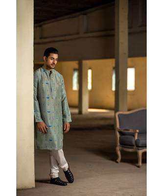 Mint Printed Silk Kurta with Off White Cotton Silk Churidar 3