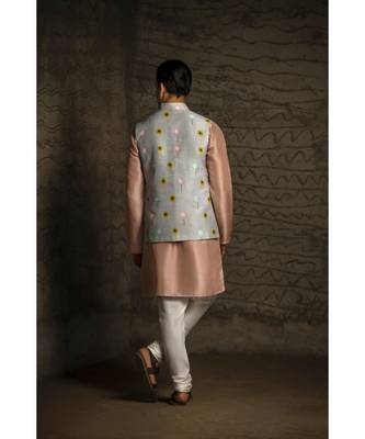 Grey Printed Dupion Silk Bandi with Rose Pink Silk Kurta and Off White Cotton Silk Churidar 2