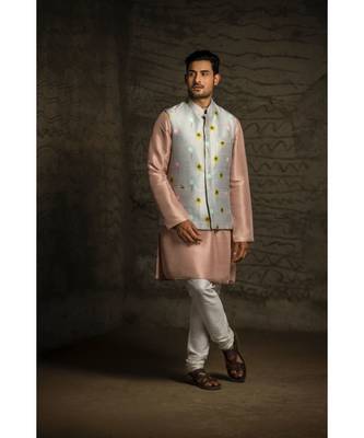 Grey Printed Dupion Silk Bandi with Rose Pink Silk Kurta and Off White Cotton Silk Churidar 3