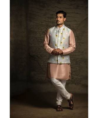 Grey Printed Dupion Silk Bandi with Rose Pink Silk Kurta and Off White Cotton Silk Churidar 1