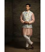 Grey Printed Dupion Silk Bandi with Rose Pink Silk Kurta and Off White Cotton Silk Churidar