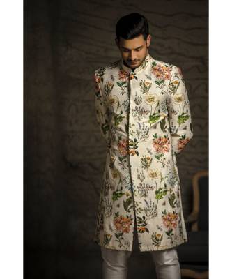 Ivory Printed Dupion Silk Sherwani with Off White Cotton Silk Churidar 1