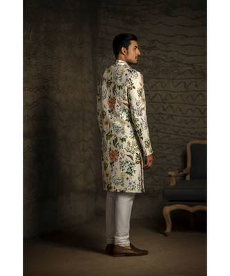 Ivory Printed Dupion Silk Sherwani with Off White Cotton Silk Churidar 2
