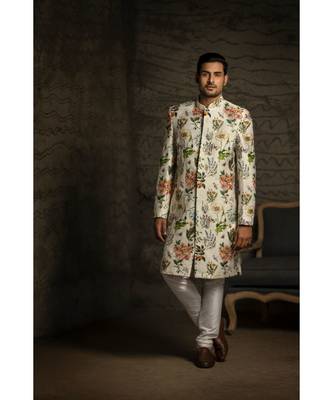 Ivory Printed Dupion Silk Sherwani with Off White Cotton Silk Churidar 3