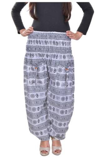 White Jaipuri Printed Cotton Free Size Pyjama