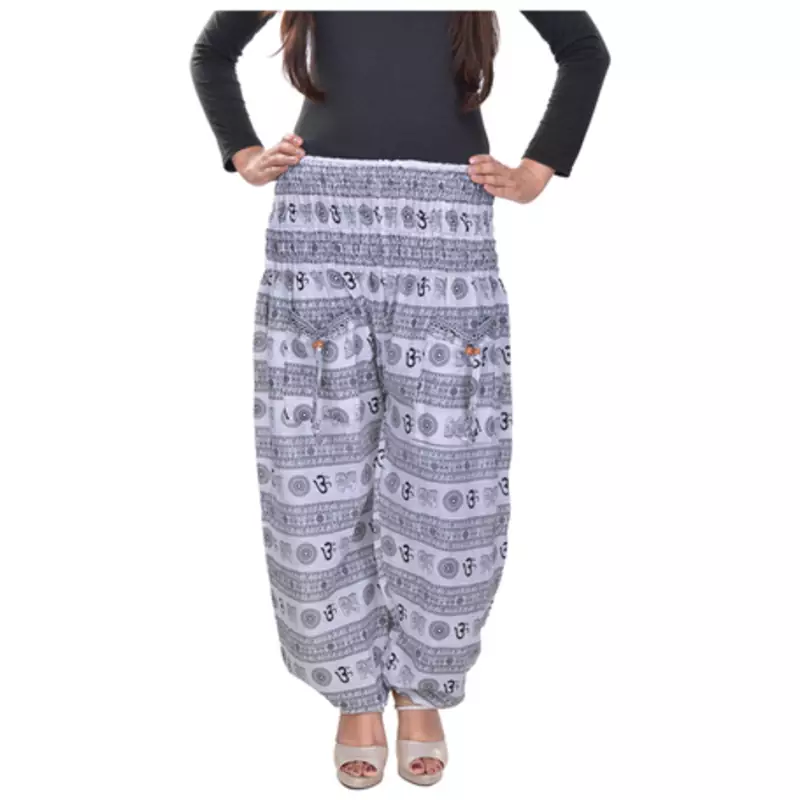 White Jaipuri Printed Cotton Free Size Pyjama