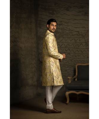 Yellow Printed Dupion Silk Sherwani with Off White Cotton Silk Churidar 1