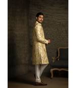Yellow Printed Dupion Silk Sherwani with Off White Cotton Silk Churidar