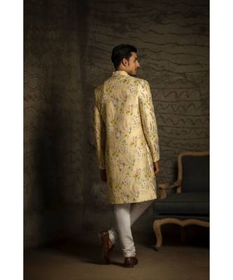 Yellow Printed Dupion Silk Sherwani with Off White Cotton Silk Churidar 2