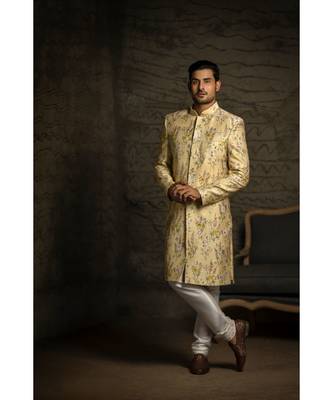 Yellow Printed Dupion Silk Sherwani with Off White Cotton Silk Churidar 3