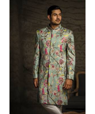 Aqua Printed Dupion Silk Sherwani with Off White Cotton Silk Churidar 1