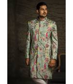 Aqua Printed Dupion Silk Sherwani with Off White Cotton Silk Churidar