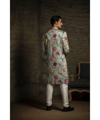 Aqua Printed Dupion Silk Sherwani with Off White Cotton Silk Churidar 2