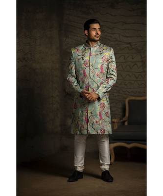 Aqua Printed Dupion Silk Sherwani with Off White Cotton Silk Churidar 3