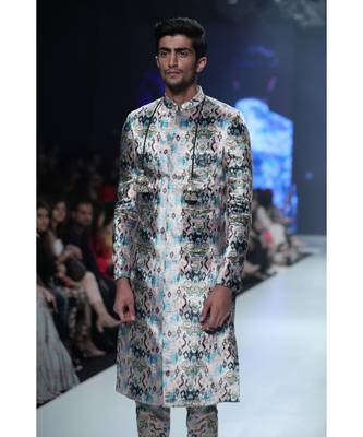 Azam Pink Printed Velvet Sherwani with Silkmul Churidar 3