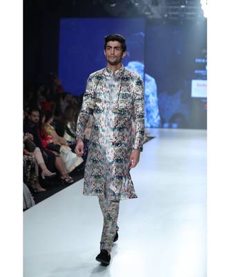 Azam Pink Printed Velvet Sherwani with Silkmul Churidar 4