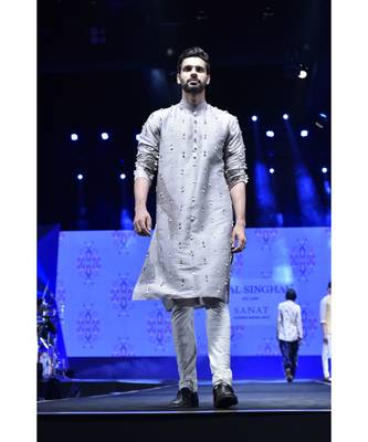 Arsalan Grey Dupion Silk Kurta with Off-white Cotton Silk churidar 1