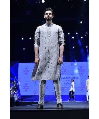 Arsalan Grey Dupion Silk Kurta with Off-white Cotton Silk churidar 2