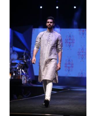 Arsalan Grey Dupion Silk Kurta with Off-white Cotton Silk churidar 3