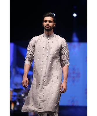 Arsalan Grey Dupion Silk Kurta with Off-white Cotton Silk churidar 4