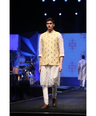 Aslan Cream Organza Kurta with Pale Yellow Dupion Silk Bandi and off-White Cotton Silk Churidar 1