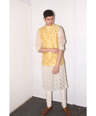 Aslan Cream Organza Kurta with Pale Yellow Dupion Silk Bandi and off-White Cotton Silk Churidar 5