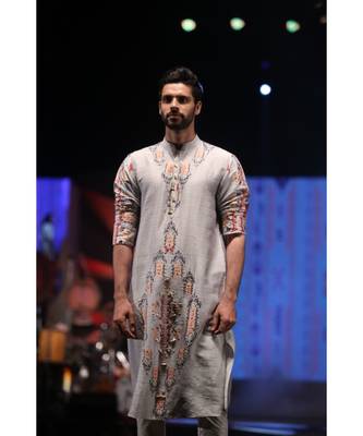 Amir Grey Printed Dupion Silk Kurta with Off-White Cotton Silk Churidar 1
