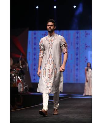 Amir Grey Printed Dupion Silk Kurta with Off-White Cotton Silk Churidar 3