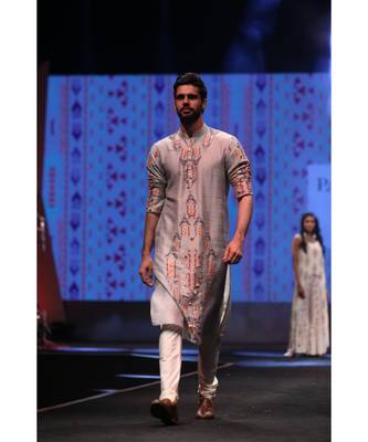 Amir Grey Printed Dupion Silk Kurta with Off-White Cotton Silk Churidar 4