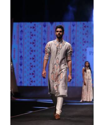 Amir Grey Printed Dupion Silk Kurta with Off-White Cotton Silk Churidar 5
