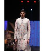 Zaheer Cream Printed Silkmul Kurta with Grey Printed Dupion Silk Bandi and off-White Cotton Silk Churidar