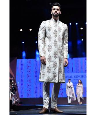 Reyhan Cream Printed Dupion Silk Sherwani With Off White Cotton Silk Churidar 1