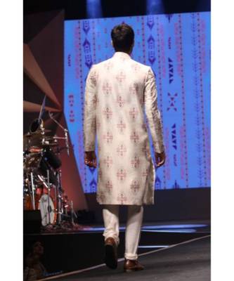 Reyhan Cream Printed Dupion Silk Sherwani With Off White Cotton Silk Churidar 2