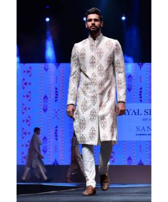 Reyhan Cream Printed Dupion Silk Sherwani With Off White Cotton Silk Churidar 3