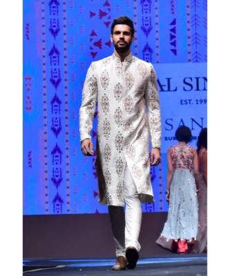 Reyhan Cream Printed Dupion Silk Sherwani With Off White Cotton Silk Churidar 4