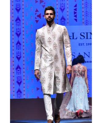 Reyhan Cream Printed Dupion Silk Sherwani With Off White Cotton Silk Churidar 5