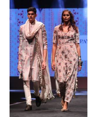Shahab Grey Printed Dupion Silk sherwani with Off-white Cotton Silk Churidar and Cream Ikat Butti Silkmul Dupatta 1