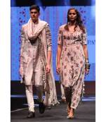 Shahab Grey Printed Dupion Silk sherwani with Off-white Cotton Silk Churidar and Cream Ikat Butti Silkmul Dupatta