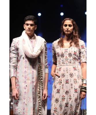 Shahab Grey Printed Dupion Silk sherwani with Off-white Cotton Silk Churidar and Cream Ikat Butti Silkmul Dupatta 2